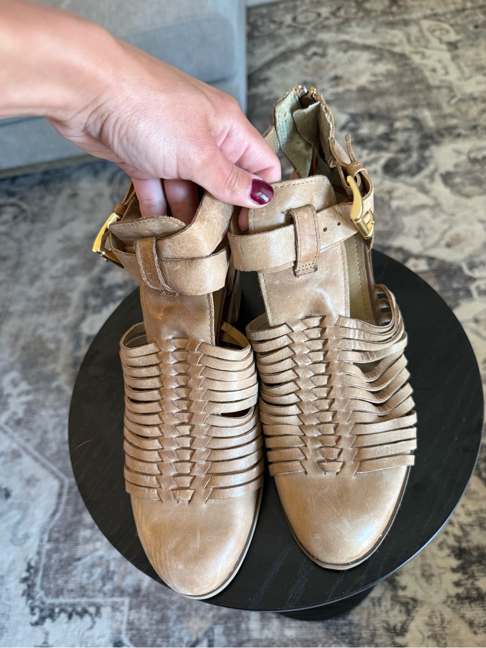 Schuh Women’s Tan Woven Leather Sandal Booties EU 38 US 7.5